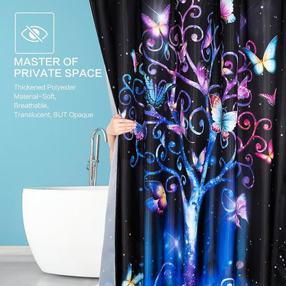 Shower Curtain Butterfly Tree, Shower Curtain for Bathroom, Fluorescence Tree Shower Curtain Sets with 12 Hooks Waterproof Polyester Fabric Machine Washable Home Office Farmhouse Decor Bath Curtains