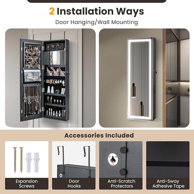 GOFLAME LED Mirror Jewelry Cabinet 47”, Wall/Door Mounted Full Length Mirror with Storage, 3-Color Lights, Interior Makeup Mirror, Jewelry Storage Organizer, Lockable Jewelry Armoire, Black
