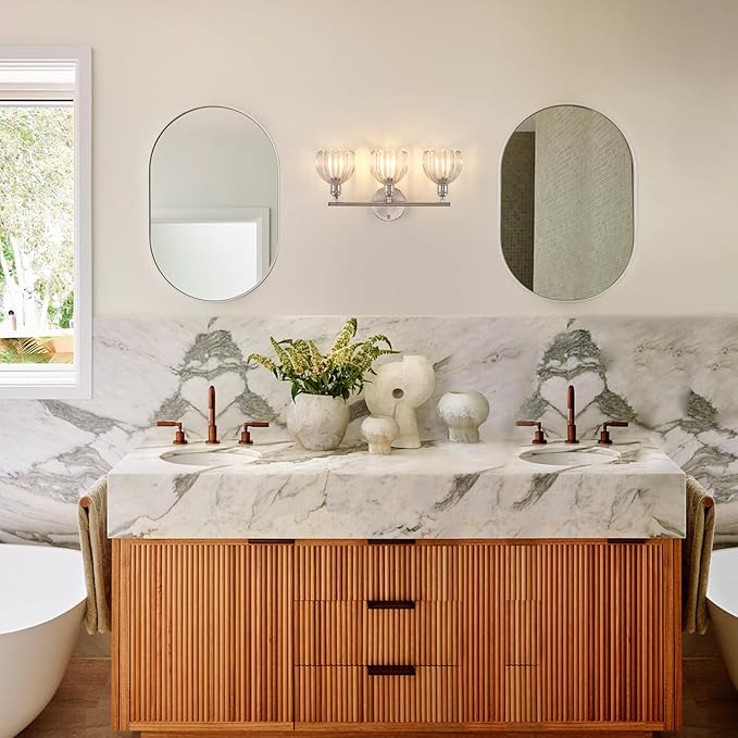 Bathroom Light Fixtures, 3-Light Vanity wall Light Over Mirror with Clear Tulip Glass Shade for Bedroom Living Room (Bulb Not Included), Satin Nickel