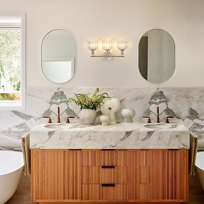 Bathroom Light Fixtures, 3-Light Vanity wall Light Over Mirror with Clear Tulip Glass Shade for Bedroom Living Room (Bulb Not Included), Satin Nickel