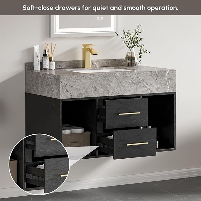 homary 35.4" Floating Bathroom Vanity with Sink, Modern Wall-Mounted Vanity Bathroom Cabinet with Sintered Stone Countertop, Undermount Sink & Black, 2 Open Storage Shelves