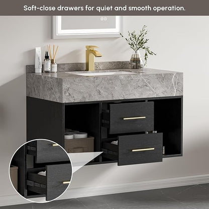homary 35.4" Floating Bathroom Vanity with Sink, Modern Wall-Mounted Vanity Bathroom Cabinet with Sintered Stone Countertop, Undermount Sink & Black, 2 Open Storage Shelves