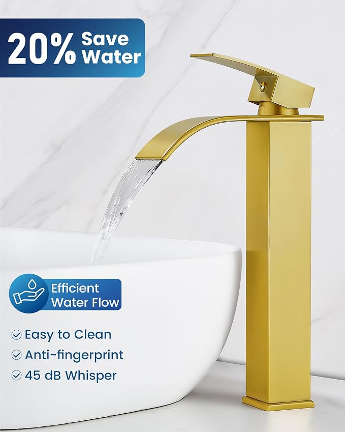 Airuida Vessel Sink Faucet, Brushed Gold Tall Waterfall Bathroom Faucet | Single Handle,Tall Bathroom Faucet 1 Hole,Vanity Faucet,without Drain,Bowl Bathroom Faucet