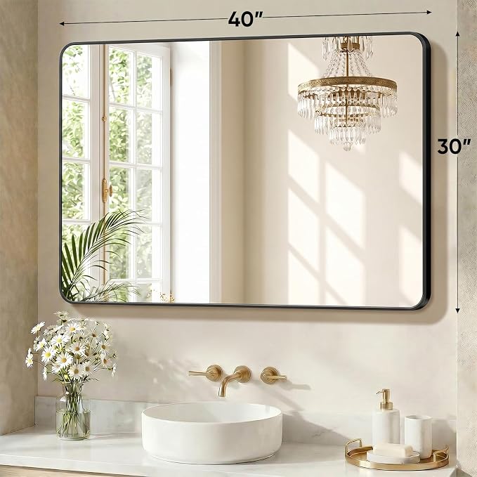 Sweetcrispy Bathroom Wall Mirror, Vanity Mirror for Over Sink, 30x40 Inch | Matte Metal Frame, Rounded Rectangle, Wall Mount, Over Sink, Living Room, Bedroom, Home Decor, Black
