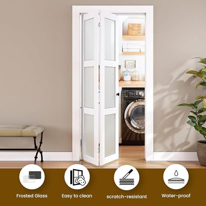 SMARTSTANDARD Bifold Door for 32" x 80-3/4" Opening, Tempered Frosted Glass | Closet Folding Doors with Hardware kit Included, White, Water-Proof PVC Surface, Easy Install, Space-Saving