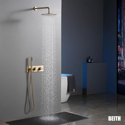 BEITH Shower System Concealed, 2 Functions Brushed Gold Shower Set, 8in/10in/12in Shower Faucet Set, 304 Stainless Steel Round Rotatable Shower Head, Brass Body, Self-cleaning