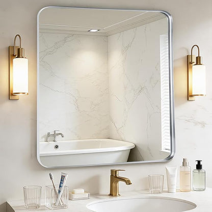 Fabuday Bathroom Mirror with Silver Frame - 30x30 Inch Over Sink Rectangle Mirror for Bathroom, Wall Mounted Chrome Mirrors for Vanity, Farmhouse Decor, Matte Finish, Horizontal or Vertical Hanging
