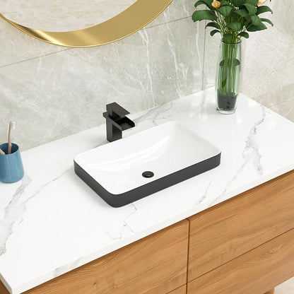 Lordear Vessel Sink Rectangle 19 Inch Bathroom Sinks 19"x12" Inch Semi Recessed Sink 5'' Deep Rectangular White Ceramic Modern Vanity Sink Bath Wash Above Counter Basin