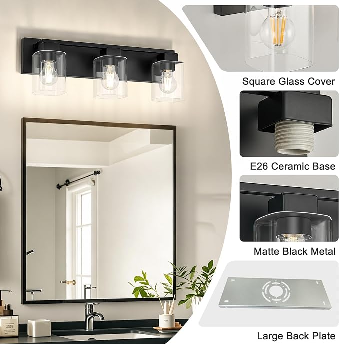 21.6 Inch Bathroom Light Fixtures, with Clear Glass Shade | 3-Light Matte Black Bathroom Lighting Fixtures Over Mirror, Modern Wall Light, bathroom vanity light E26 Socket, ETL
