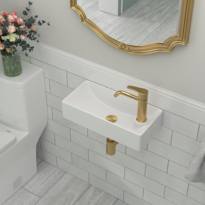 Wall Mount Bathroom Vessel Sink Space Saving | Beslend 17"x8" Inch White Ceramic Vessel Sink, Rectangular White Art Hand Wash Basin with Single Hole