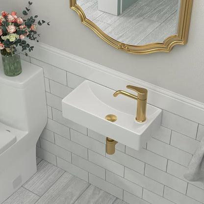 Wall Mount Bathroom Vessel Sink Space Saving | Beslend 17"x8" Inch White Ceramic Vessel Sink, Rectangular White Art Hand Wash Basin with Single Hole