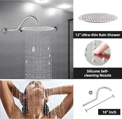 12 Inch Thermostatic Shower System with 3 Handles Diverter, Luxury Round Rain Shower Head with Handheld Spray, High Pressure Shower Faucet Combo Set with Rough-in Valve, Brushed Nickel