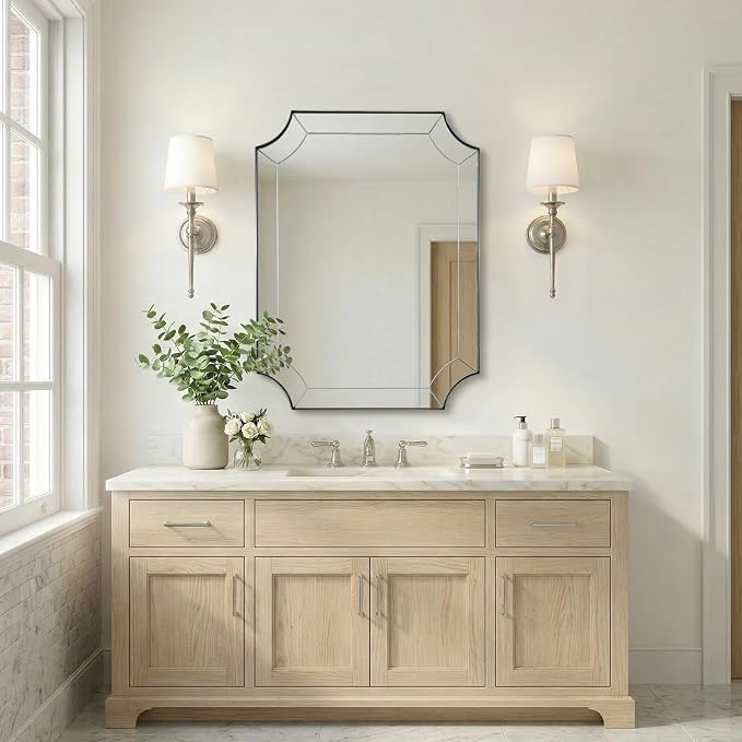 Brushed Nickel Bathroom Mirror, 24"x32" Scalloped Wall Mirror, Vintage Notched Corner Mirror, Anti-Rust Metal Framed Mirror for Bathroom, Thin Frame Deep 1", Hangs Vertical or Horizontal