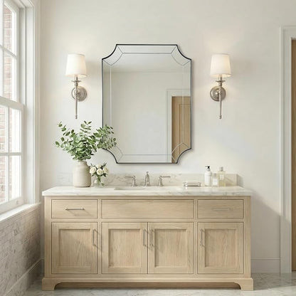 Brushed Nickel Bathroom Mirror, 24"x32" Scalloped Wall Mirror, Vintage Notched Corner Mirror, Anti-Rust Metal Framed Mirror for Bathroom, Thin Frame Deep 1", Hangs Vertical or Horizontal