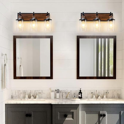 3-Light Farmhouse Bathroom Light Fixtures Vintage Vanity Lights Over Mirror Black and Wood Painted Metal Vanity Light with Glass Shades E26 Socket