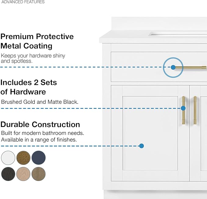 OVE Decors Bailey 36 in. Single Sink Freestanding White Bathroom Vanity with White Quartz Top, Matching Backsplash and Brushed Gold Hardware