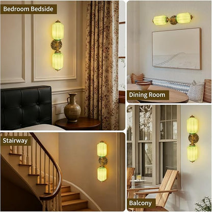 2-Light Vintage Bathroom Light Fixtures, Milk Glass Retro Vanity With Light Green Shade & Gold Carved Metal, Hardwired Antique Wall Sconce For Living Room, Bedroom, Dining Room, Kitchen (Green)
