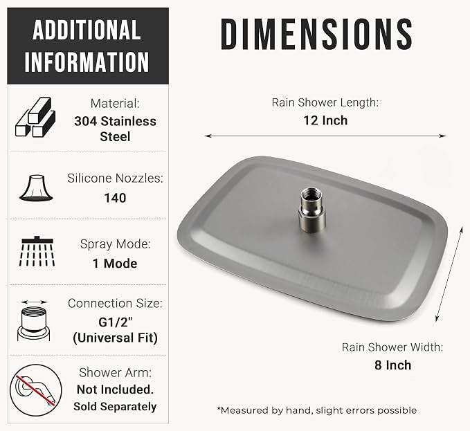 G-Promise All Metal 12 Inch Large Rain Shower Head for Ceiling or Wall | Built to Last, Rust Resistant 304 Stainless Steel, Easy to Install, Full Body Coverage Rainfall Shower Head, Daily SPA
