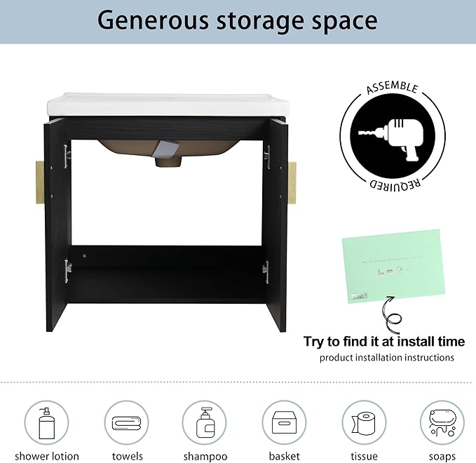 24" Floating Bathroom Vanity with Sink Combo,24 Inch Bathroom Vanity,Single Sink Wall Mounted Vanity Combo,Modern Wall Mounted Cabinet Set with Ceramic Sink,Black