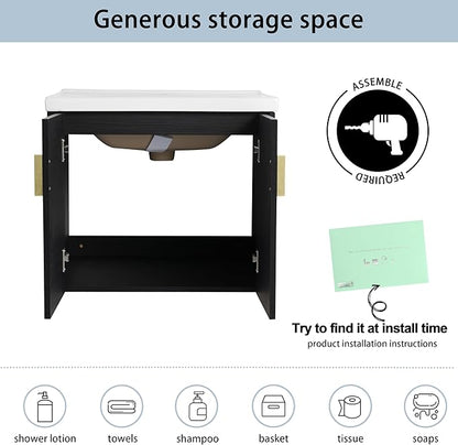 24" Floating Bathroom Vanity with Sink Combo,24 Inch Bathroom Vanity,Single Sink Wall Mounted Vanity Combo,Modern Wall Mounted Cabinet Set with Ceramic Sink,Black
