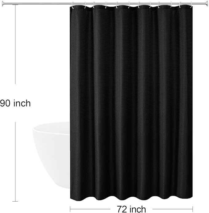Extra Long Black Fabric Shower Curtain, 72 × 90 | 90 Inches Long Weave Textured Fabric Shower Curtain for Bathroom, Water Repellent, Machine Washable