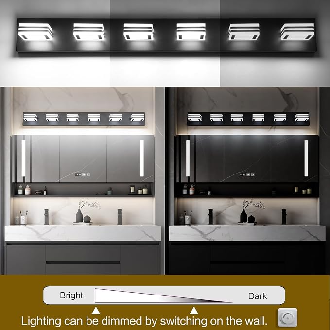 SOLFART Modern LED Dimmable Bathroom Light Fixtures Over Mirror Led Vanity Lights Modern Black LED 6 Light Vanity Light
