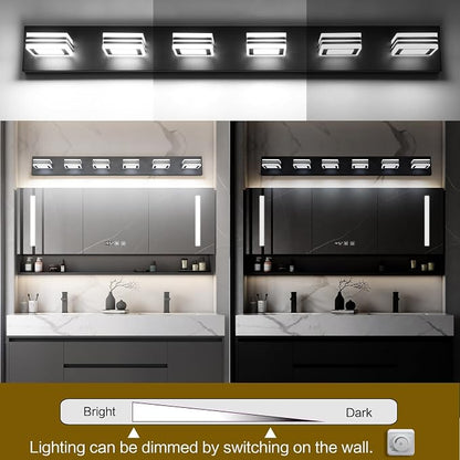SOLFART Modern LED Dimmable Bathroom Light Fixtures Over Mirror Led Vanity Lights Modern Black LED 6 Light Vanity Light