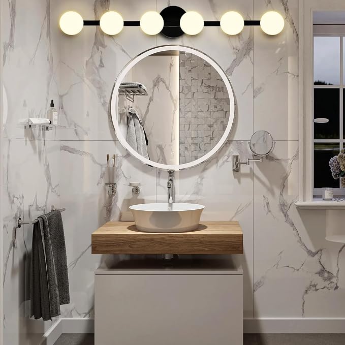 Lightdot 6 Light Bathroom Vanity Light, 38" Modern Black Vanity Lights with Globe Water/Shatterproof PC Lampshade, Rust-Proof Bathroom Light Fixtures Over Mirror for Kitchen Hallway Cabinet Porch