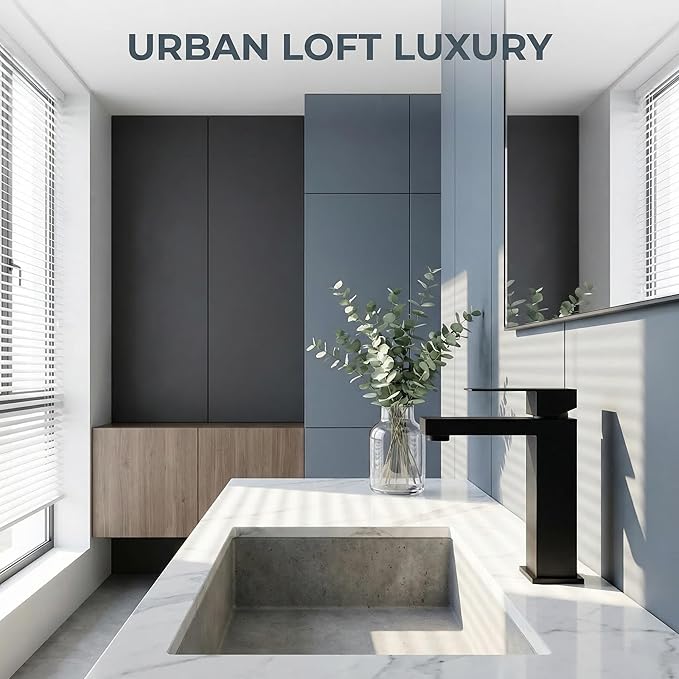 Matte Black Bathroom Faucet, Modern Single Handle Square Bathroom Sink Faucet with Pop Up Drain Assembly, Stainless Steel Vanity Bathroom Faucets, Single Hole Deck Mount,BF011B