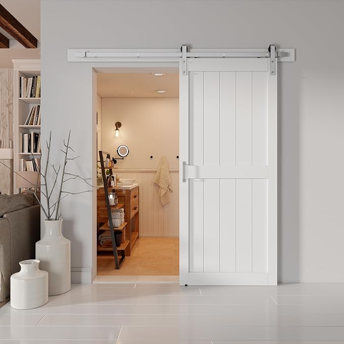 38''x84'' Sliding Barn Door with 6.6 Ft Brushed Nickel Hardware | Pre-Drilled Holes Easy Assembly - Include Installation Manual, Water-Proof PVC Surface, H-Frame, White
