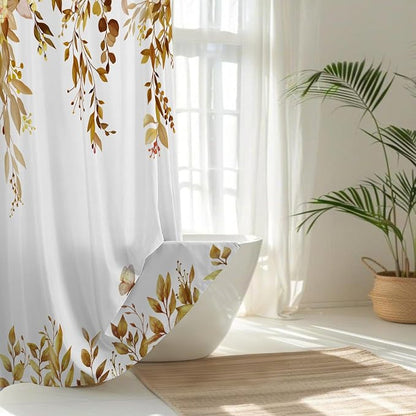 Brown Floral Eucalyptus Shower Curtain with Hooks, 72x72 Inch | Waterproof Fabric, Watercolor Leaves and Floral, Botanical Style, Machine Washable, Quick-Drying, for Hotel Bathroom