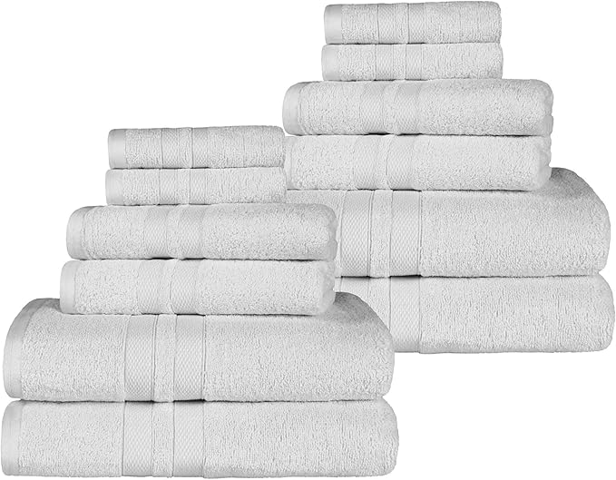 Superior Ultra-Soft Cotton Towel Set, 4 Bath Towels, 4 Hand Towels, 4 Face Towels/Washcloths, Quick-Dry, Shower, Spa Basics, Essentials, Solid, Double Line Dobby Border, 12 Piece Set, Silver