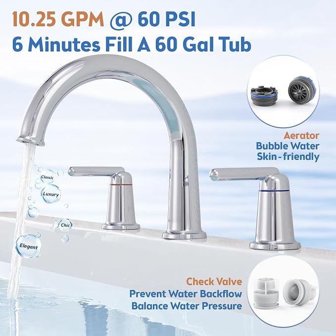 Roman Tub Faucet 3 Hole Deck Mount Tub Filler High Flow Chrome | With Ceramic Valve, Solid Brass, High Arch Bathtub Faucet, 2-Handle Design, Widespread Mount, Garden Bath Tub Faucet