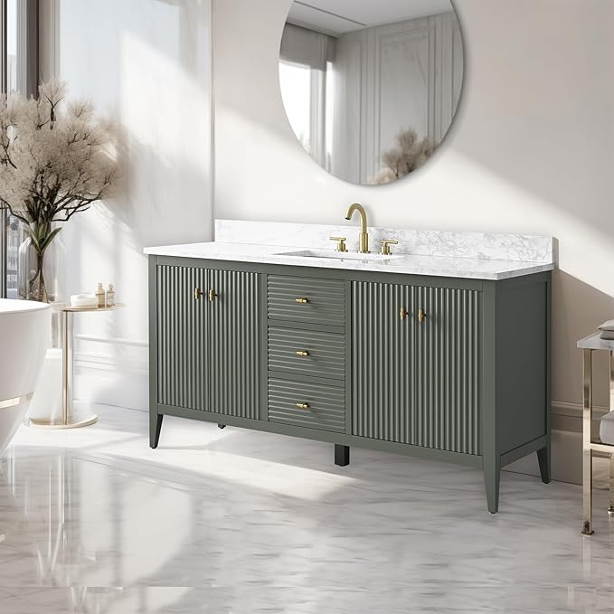 Vanity Art 60 inch Bathroom Vanity with Single Sink & Ceramic Top, Vanity Cabinet with Soft-Closing Door, Solid Wood Frame, Linear Pattern, Vintage Green, VA9160-SVG-MB,Matte Black Handles