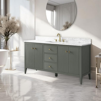 Vanity Art 60 inch Bathroom Vanity with Single Sink & Ceramic Top, Vanity Cabinet with Soft-Closing Door, Solid Wood Frame, Linear Pattern, Vintage Green, VA9160-SVG-MB,Matte Black Handles