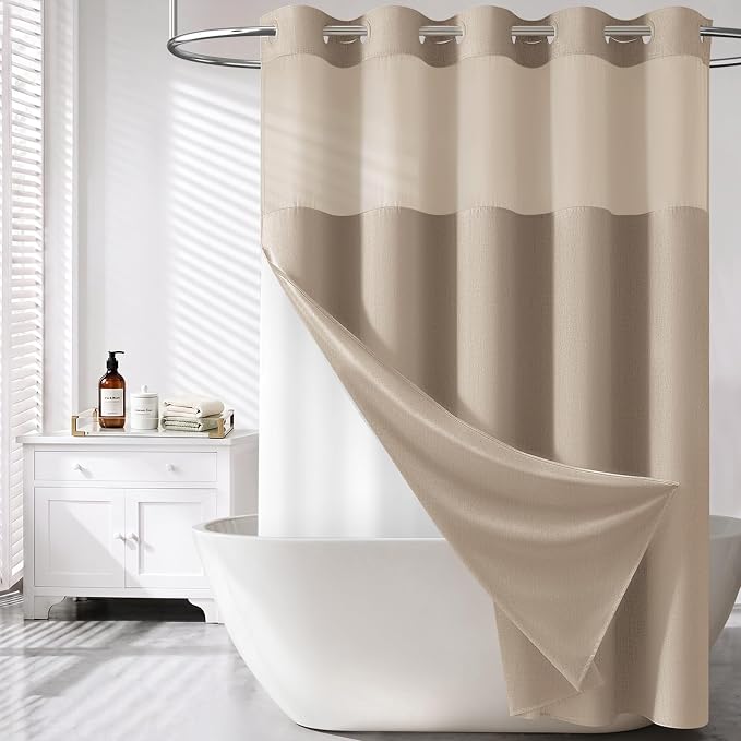 Tan Ringless Linen Textured Shower Curtain with Snap in Liner, 72x75 | 3 in 1 Hotel Shower Curtain Set, Removable Liner, Waterproof & Washable, Mesh Top Window, Durable Fabric, Easy to Install