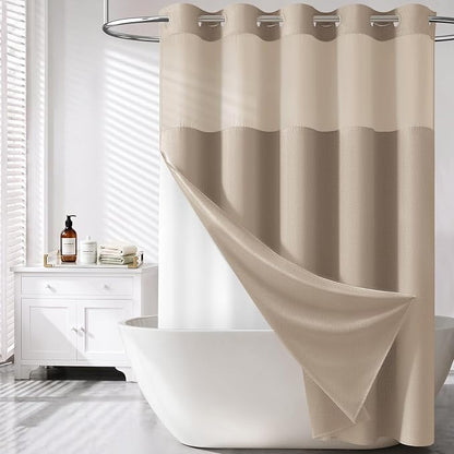 Tan Ringless Linen Textured Shower Curtain with Snap in Liner, 72x75 | 3 in 1 Hotel Shower Curtain Set, Removable Liner, Waterproof & Washable, Mesh Top Window, Durable Fabric, Easy to Install