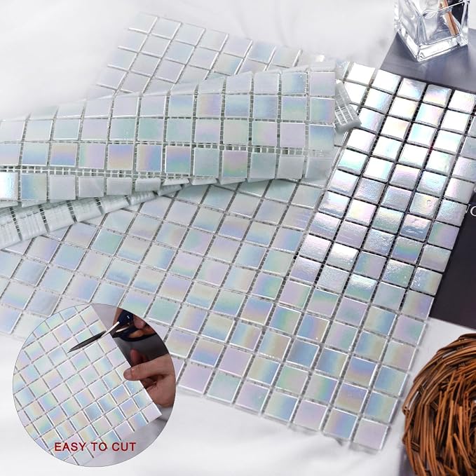 11.5sq.ft Iridescent White Glass Mosaic Tile for Bathroom, Pool, Backsplash | Waterproof Wall & Floor Tile. Heat & frost resistant outdoors. Mesh-mounted easy install. Use any grout. Easy clean. 10pcs.
