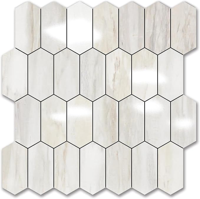 Vamos Tile Long Hexagon Peel and Stick Backsplash Tile - 10 Sheets Stick on Backsplash for Kitchen and Bathroom 12.4 x 12 Inch Glossy Wood Grain PVC Self Adhesive Mosaic Wall Tiles