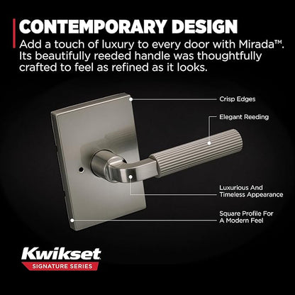 Kwikset Mirada Reeded Interior Privacy Door Handle with Lock, Handle for Bathroom and Bedroom, Satin Nickel, Reversible Keyless Push Button Lock, with Microban Protection