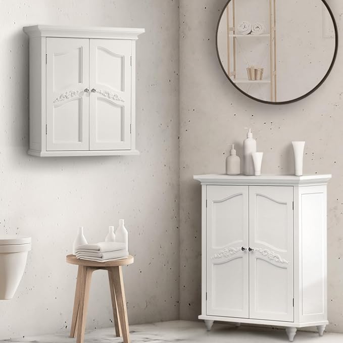 Teamson Home Versailles Wooden Freestanding Floor Storage Cabinet with 2 Adjustable Interior Shelves 3 Storage Spaces and 2 Floral Scroll Doors, White