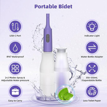 Hibbent Portable Bidet for Travel, High Pressure Electric Handheld Bidet Sprayer, 350-550ML Expandable Bottle for Personal Hygiene, USB-C Rechargeable Waterproof Sprayer for Women & Men, Purple