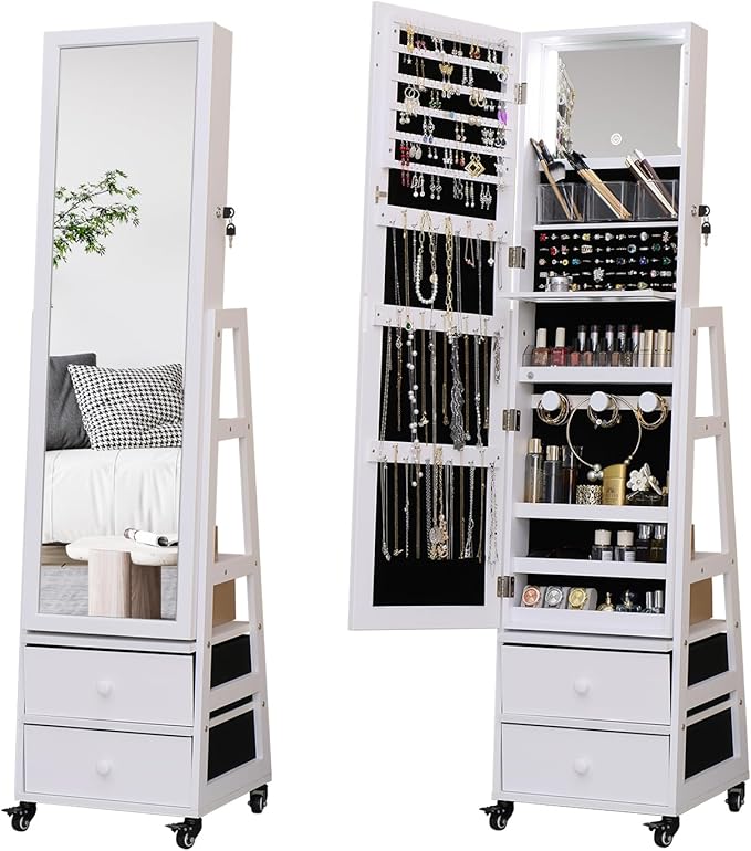 Jewelry Cabinet Standing Mirror with Drawers Jewelry Armoire Organizer | Full Length Mirror Jewelry Storage with Touch Screen Vanity Mirror with Lockable White Christmas Gift for Women