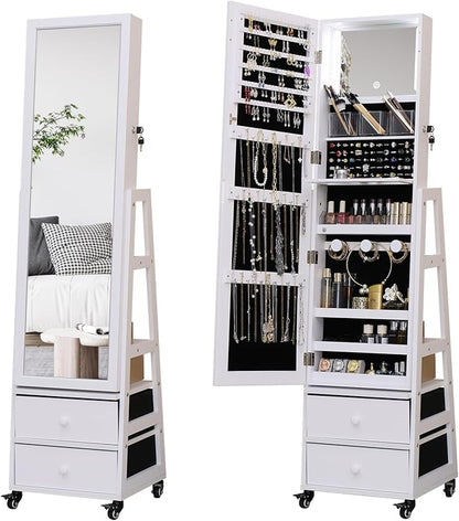 Jewelry Cabinet Standing Mirror with Drawers Jewelry Armoire Organizer | Full Length Mirror Jewelry Storage with Touch Screen Vanity Mirror with Lockable White Christmas Gift for Women