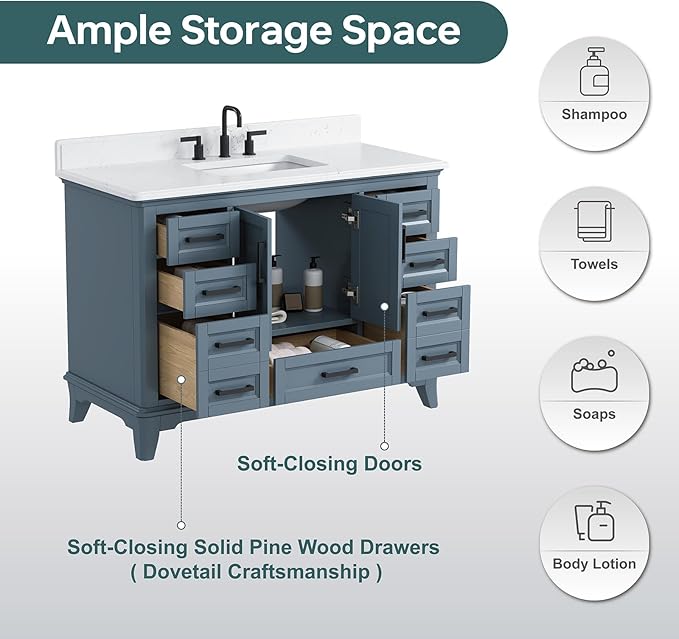 48" Bathroom Vanity with Sink, Fully Assembled, Steel Blue | Solid Wood Bathroom Vanities Set with Quartz Countertop, 2 Soft Close Doors & 7 Full Extension Dovetail Drawers