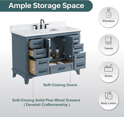 48" Bathroom Vanity with Sink, Fully Assembled, Steel Blue | Solid Wood Bathroom Vanities Set with Quartz Countertop, 2 Soft Close Doors & 7 Full Extension Dovetail Drawers