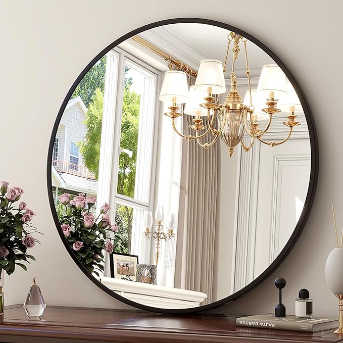 18-Inch Round Wall Mirror with Aluminum Alloy Metal Frame - Ideal for Entryway, Bathroom, Vanity, Living Room - Black Finish Circle Mirror for Stylish Home Decor