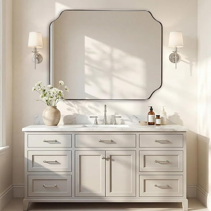 36x40 Inch Brushed Nickel Mirror, Large Bathroom Mirrors, Modern Silver Vanity Mirror in Anti-Rust Stainless Steel Frame, Unique Rounded Notched Corner Design, Ideal for Bathroom Remodel