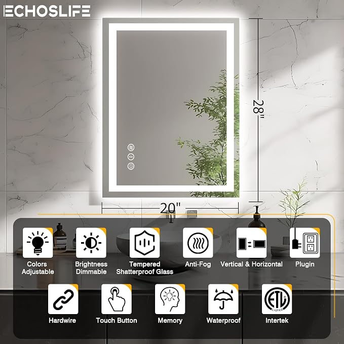 EchosLife 20"x28" LED Bathroom Mirrors for Wall | Backlit + Front Lit, Anti-Fog, Stepless Dimmable, 3 Colors, Memory, Tempered Glass, UL Listed, Horizontal/Vertical