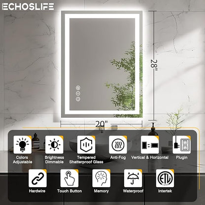 EchosLife 20"x28" LED Bathroom Mirrors for Wall | Backlit + Front Lit, Anti-Fog, Stepless Dimmable, 3 Colors, Memory, Tempered Glass, UL Listed, Horizontal/Vertical